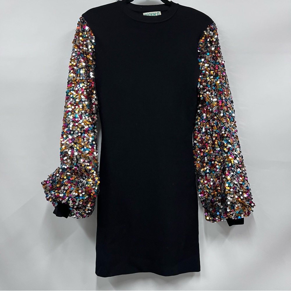 Black sweater Dress Confetti Sequin balloon bishop long Sleeve size M party
